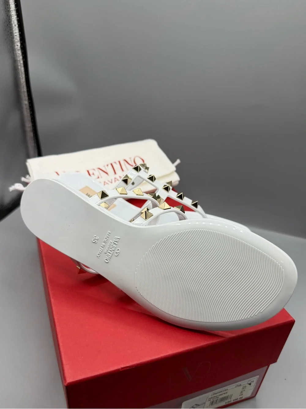Valentino Garavani White Patent Rockstud Triple-Strap Thong Sandals